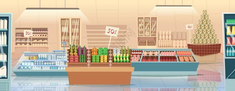 蒸箱带食物超市卡通产品杂货店商食市场内向矢量背景超市架零售店内